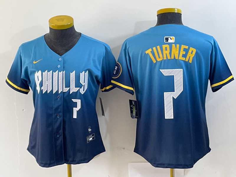 Womens Philadelphia Phillies #7 Trea Turner Number Blue 2024 City Connect Limited Stitched Jerseys